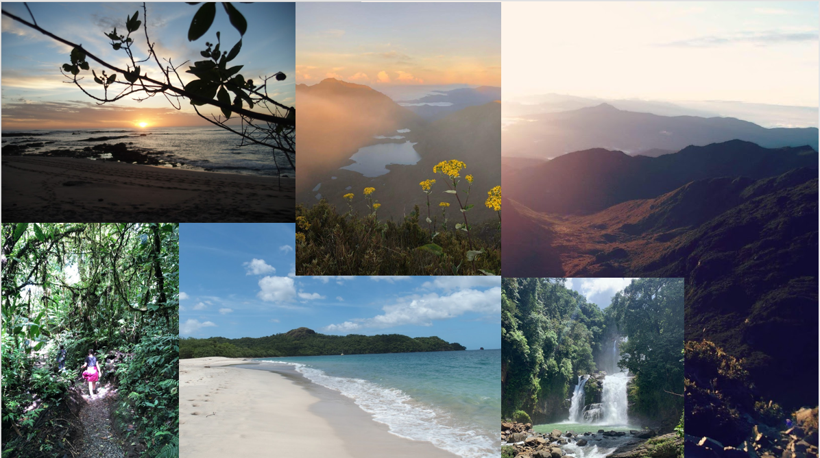 A collage of landscape photos from Costa Rica show beaches, jungles, waterfalls, mountains, and lakes.